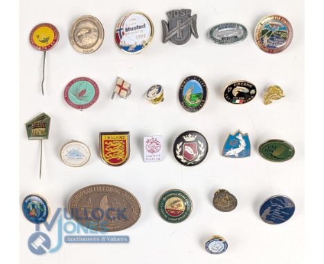 Collection of Metal and Enamel Fishing Themed badges, to include competition, national badges, and a few might be tourist bad