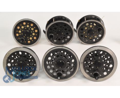 Pair of J W Young &amp; Sons Ltd Redditch, 1540 Fifteen Hundred Series, alloy salmon fly reels - with 4 spare spools, 4 1/4" 