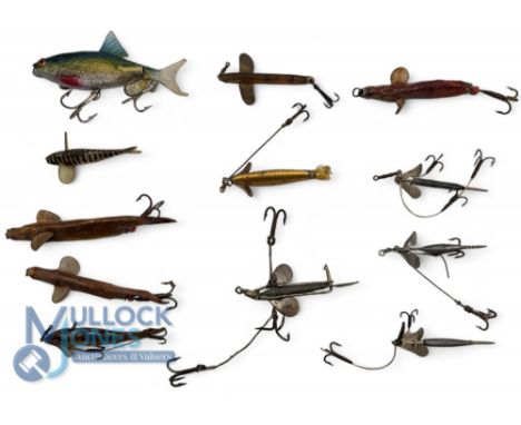 Vintage Fishing Lures Baits, to include Hardy crocodile bait mount, Hardy golden sprat, Millward archer fishing bait and a se