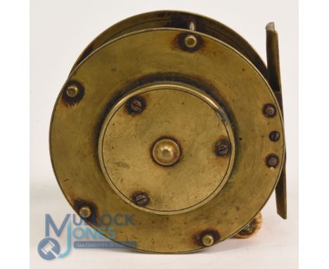 An interesting Eaton &amp; Deller Maker, 6 &amp; 7 Crooked Lane London, brass crank salmon fly reel 4" solid wide spool with 