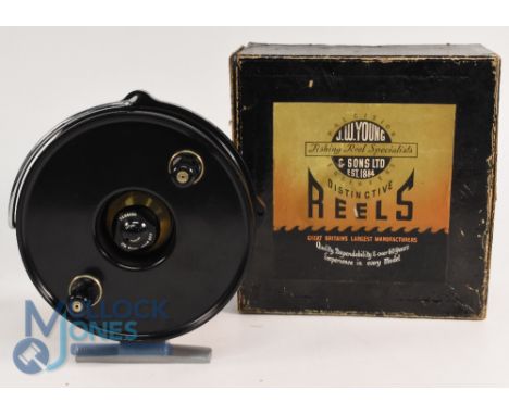 J W Young &amp; Sons "Windex" alloy centre pin reel, 5 3/8" solid spool spindle tensioner, twin waisted black handles, on/off