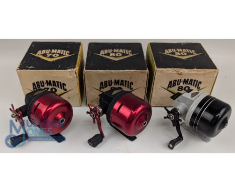 Selection of ABU closed face reels (3) features an Abumatic 70 LHW no serial number, an Abumatic 80 LHW no serial number, and