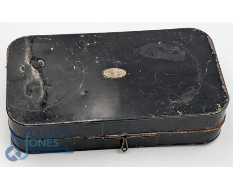 Hardy Bro Jappened Fishing Tin, in need of some repair - loose sections inside - with a mixture of lures to include early exa