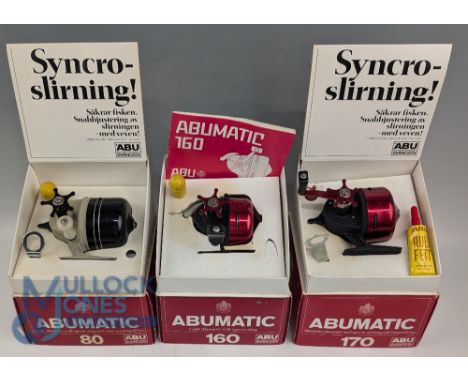 Selection of ABU closed face reels (3) features an Abumatic 160 LHW no serial number, an Abumatic 80 LHW no serial number and