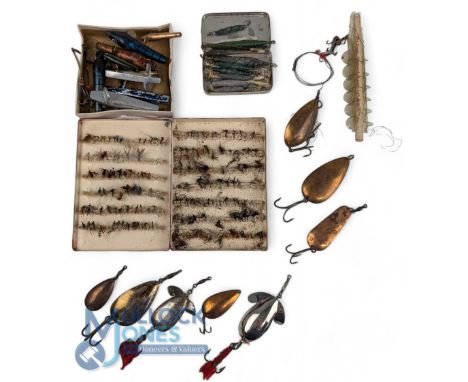 Fishing Tackle Lure Spoons, Devon Minnows, a mixed selection of unnamed lures must some Allcock lead spinners, trout flies, I