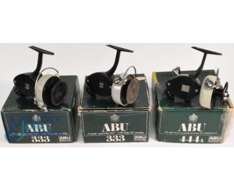 3x ABU fixed spool reels features a 444A model LHW foot stamped 740400, a 333 model LHW stamped 770800 and 333 model LHW stam