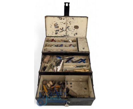 Army &amp; Navy Cascading Fishing Tackle Box, 3 layers with compartments, black Japanned outer with contents of lure, minnow 