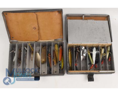 Unnamed black japanned lure box - 6" x 4" x 2" with quantity of Hardy lures and baits with leather flaps and trace pocket. Un