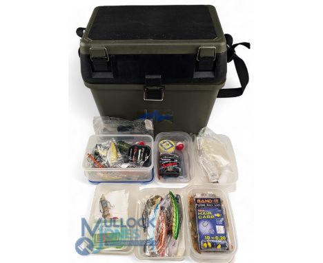 Clarke Fishing Takle Seat and Box with contents of mostly coarse fishing items - hair rig, Perch drop shot, floats, jelly bai
