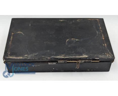 A fine Farlows Japanned Fishing Tackle Box, with chamois inner pouch 2 trays with contents of Hardy wire, weights 2 crocodile