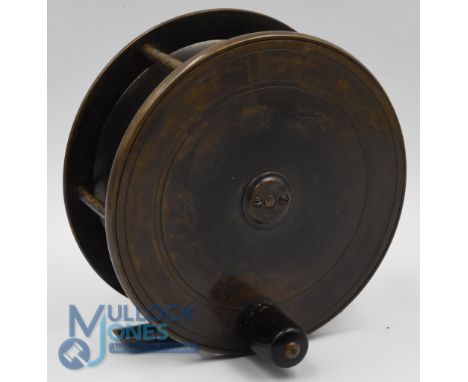 Large and Scarce Hardy Bros Birmingham 5" brass plate wind fly reel c.1880 with oval and rod in hand maker's trademark, stron