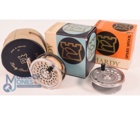 Hardy Bros "Marquis 4" alloy brook trout fly reel with spare spool, 2 3/4" ventilated spool with 2 screw latch, black handle,