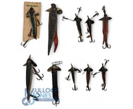 Collection of Vintage Milward's Swallow Tail Fishing Lures, assorted sizes leather and rubber examples, makers of Milward's a