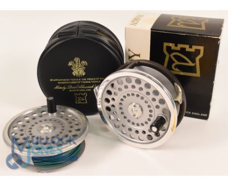 Hardy Bros "Marquis Salmon No 1" alloy salmon fly reel with spare spool, 3 7/8" ventilated spool, 2 screw latch, black handle