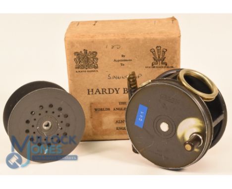 Hardy Bros Perfect 3 3/4" alloy wide drum salmon fly reel with maker's card box and spare spool - ribbed brass foot, revolvin