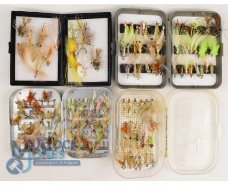 A collection of salt water, flats and bone fish lures, as follows: Richard Wheatley alloy tin with over 35 flies. Cortland Av