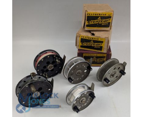 5x Various Reels featuring 3x Strike Right reels examples include 3 1/8", 3 5/8" and 3 7/8" made in Britain all twin handle, 