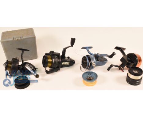 A collection of 4 fixed spool spinning reels, as follows: Abu 505 closed face reel, light use, runs very well. J W Young Ambi