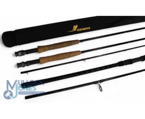A pair of Gemini 998 Whisper Tip carbon trout fly rods ­- butt sections 5F, tips 50"/42", 9ft + 9ft + 8". Alloy uplocking ree