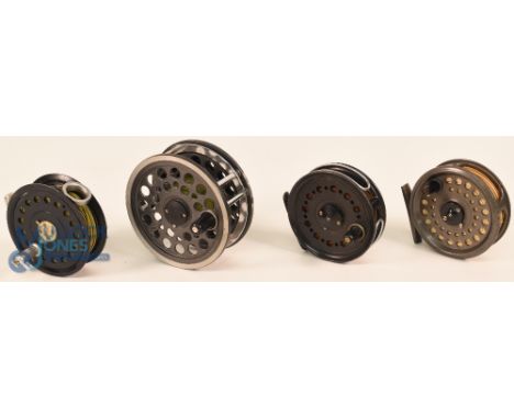 Daiwa Made in England by J W Young 812 salmon fly reel - 4 1/4" wide ventilated spool, 2 screw latch, black handle, milled ri