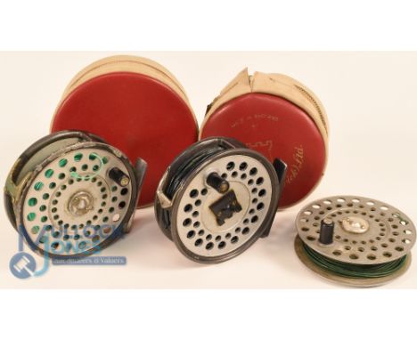 Hardy Bros "The Princess" alloy trout fly reel with spare spool, 3 1/2" ventilated spool, 2 screw latch, black handle, milled