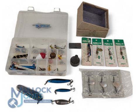 3x Mother of Pearl Weller Colorado Spinners, Abu carded lures. Shot tins, a selection of Devons, minnows, spoons a fisherman'