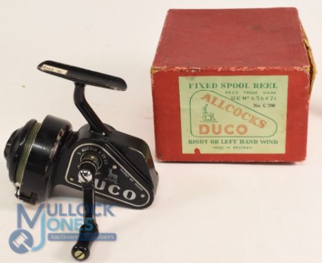 S Allcocks Redditch "The Duco" fixed spool reel, good half bail, runs well. In original box with instructions. Light use