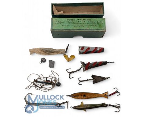 Percy Wadham Fishing Tackle Box, with contents of weights and 7 lure- 2x Ness Minnows, 1 Hardy Swallow tail, and 4 light meta
