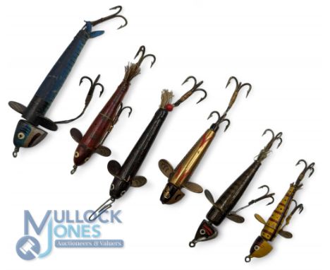 Collection of 6 Hardy Devon Fishing Lures, -4" anti-kink Phantom in blue and silver, a 2 1/2" anti-kink in gold and black, a 