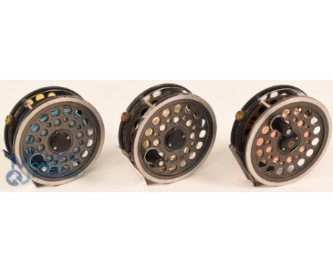 Daiwa Made in England alloy salmon fly reels by J W Young - 4 1/4" ventilated spool, 2 screw latch, black handle, milled rim 