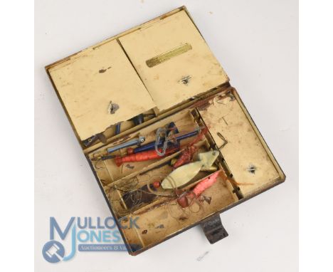 W J Cummins Compartmental Fishing Lure Tin, with lures and minnow, a good makers label, one hinge has damage
