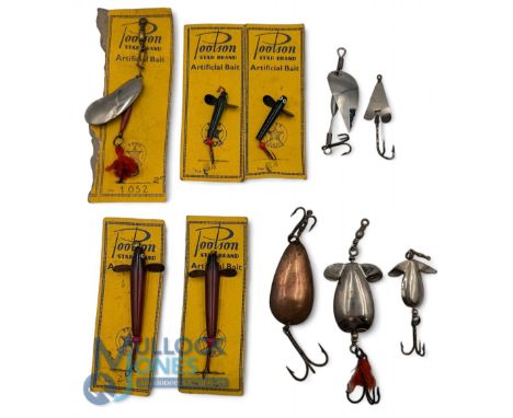 Poolson Star Brand Artificial Bait Spoon Devons, Minnows Lures, 5 good, carded examples with a selection of similar loose one