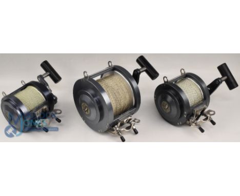 3x Garcia Mitchell Big Game Fishing Reels in duraluminum and stainless steel, featuring the 1040 reel serial No 21403 in blue