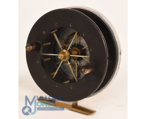 S Allcock &amp; Co Ltd Redditch "Aerial" ebonite and alloy centre pin/trotting reel, 4" wide caged ebonite drum with 6 spokes