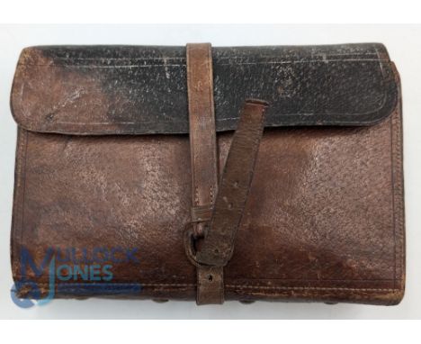 c1930 Leather Fly Fishing Wallet, with chamois pockets and hook savers, contains 6 Salmon flies Yrvon fibre line x 3, cast pa