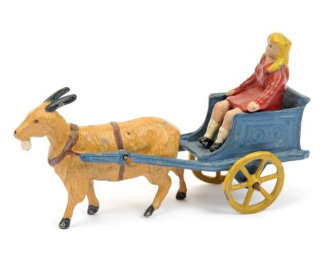 Charbens - Girl Riding in Goat Cart Set, comprising: Blue Cart with Yellow Wheels, Fawn Goat, Seated Girl in Red Dress. Some 