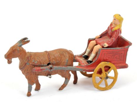 Charbens - Girl Riding in Goat Cart Set, comprising: Red Cart with Yellow Wheels, Brown Goat, Seated Girl in Red Dress. Some 