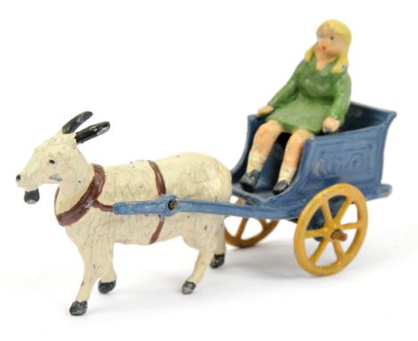 Charbens - Girl Riding in Goat Cart Set, comprising: Blue Cart with Yellow Wheels, White Goat, Seated Girl in Green Dress. So