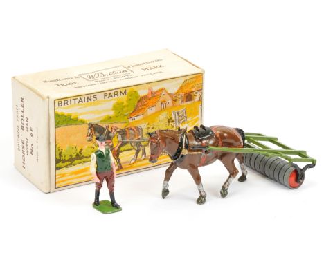 Britains - Set 9F - Horse Roller, [Post War Version], comprising: Natural Metal Roller with Green Shafts, Farmhand &amp; Brow