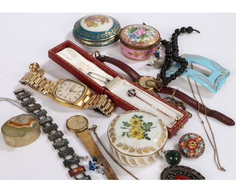 Collection of costume jewellery to include watches 4 small ceramic boxes, brooches (Qty)