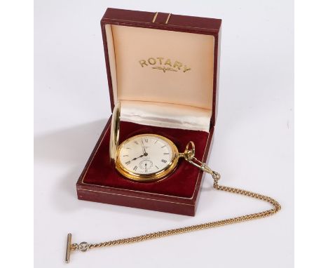Rotary gold plated hunter pocket watch, the case with shield shaped vacant cartouche, the white dial with Roman numerals and 