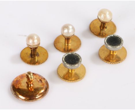 Three 9 carat gold pearl set button studs, 2.8 grams gross, together with two plated studs and an 18 crat gold single link fr