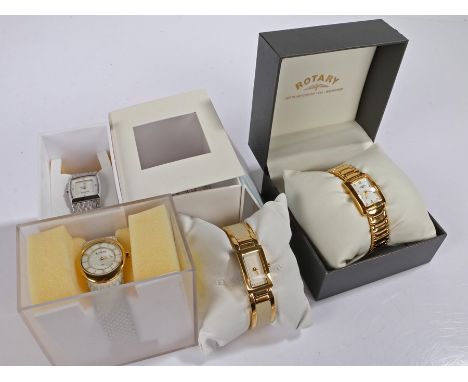 Three Skagen ladies wristwatches, ladies Rotary gilt cased wristwatch (4)