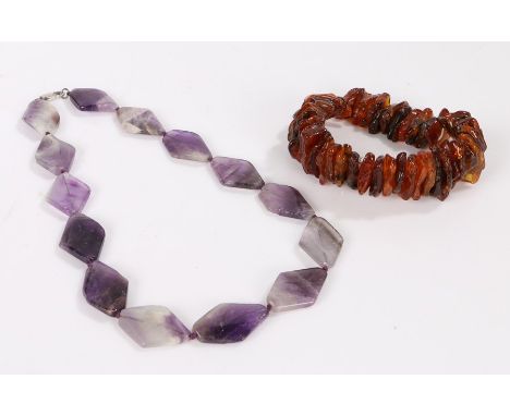 Amber bracelet, gross weight 52.8g together with an amethyst necklace 