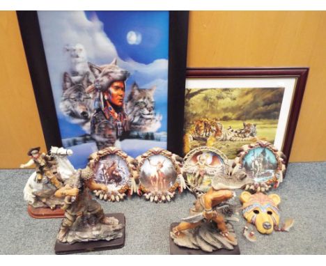 Lot to include 4 collectors plates from the Bradford Exchange and the Hamilton Collection depicting Native Americans, 3 figur
