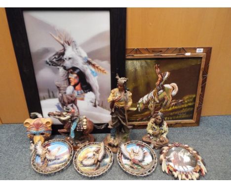 Lot to include 4 collectors plates by the Bradford Exchange and the Hamilton Collection depicting Native Americans, 2 figurin
