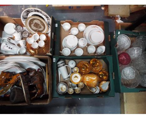 Five boxes containing a quantity of glassware, ceramic tableware, tea services, treen, meat plates and other (5)