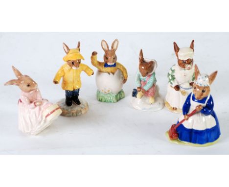 SIX ROYAL DOULTON BUNNYKINS FIGURES 'Easter Greetings' (DB149), 'Rainy Day' (DB147), 'Girl Skater' (DB153), 'Cook' (DB85), 'M