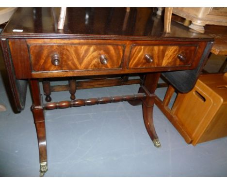 A VICTORIAN MAHOGANY AND FLAME MAHOGANY SOFA TABLE, THE DROP ENDS OVER TWO DRAWERS AND TWO FAUX DRAWERS, OVER TURNED BAND AND