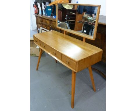 ERCOL ELM DRESSING TABLE WITH THREE FRIEZE DRAWERS AND SWING MIRROR, THE DRESSING STOOL  (2) 